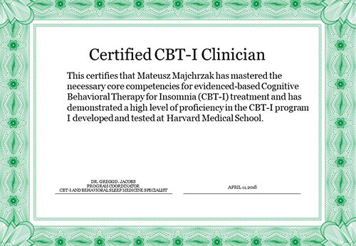Certyfikat ukończenia kursu terapii bezsenności CBT